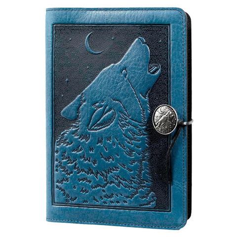 Large Leather Journal - Singing Wolf in Blue