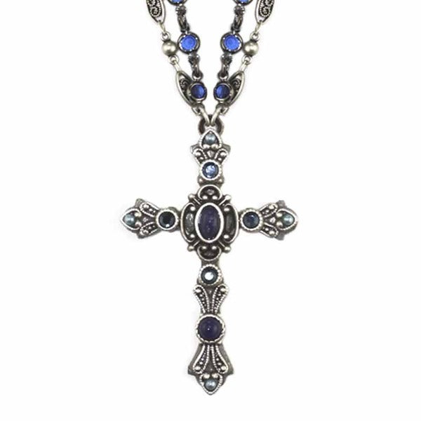 Large Blue/Silver Cross w. Crystal Chain Necklace