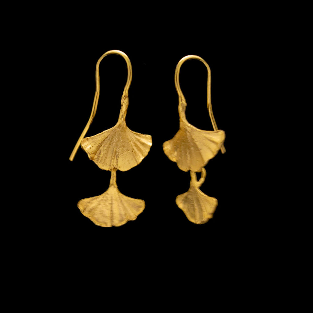 Ginkgo 24 K Gold over Silver Double Drop Wire Earrings by Michael Michaud