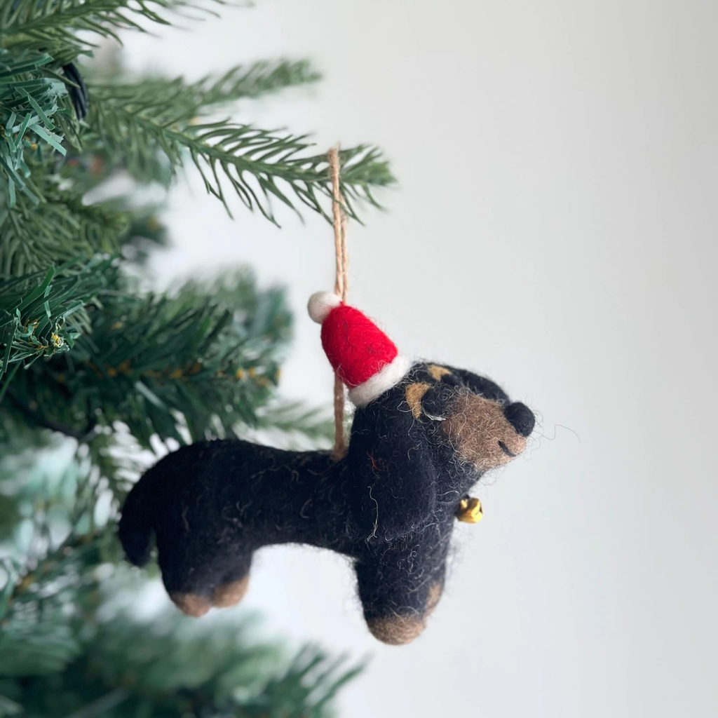 Dachshund Dog with Christmas Hat Wool Ornament