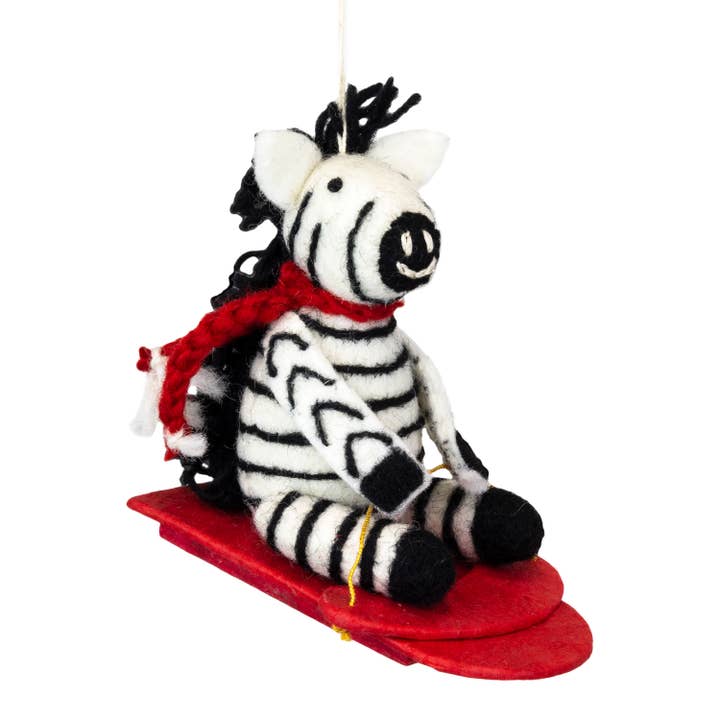 Sledding Zebra Wool Ornament