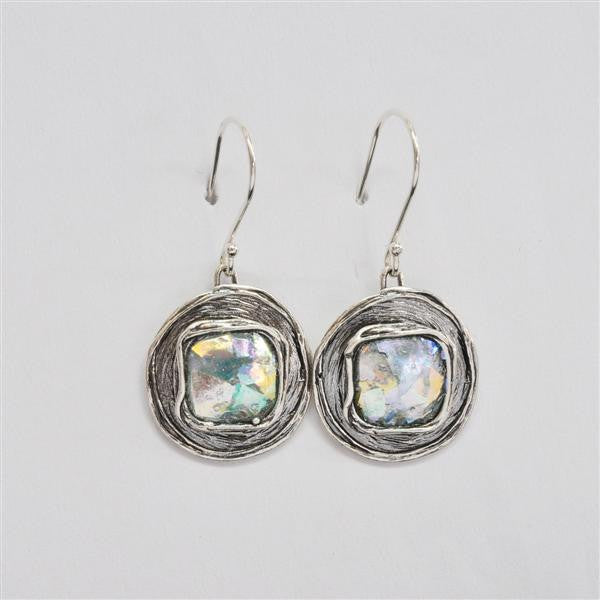 Square Within Round Patina Roman Glass Earrings