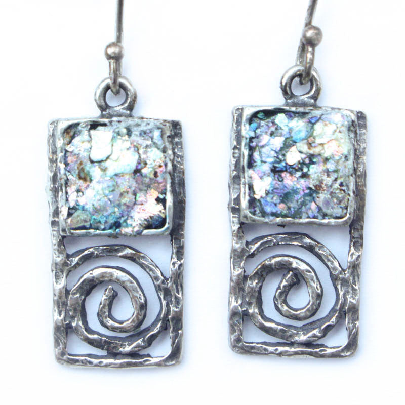 Rectangular Spiral and Square Roman Glass Earrings