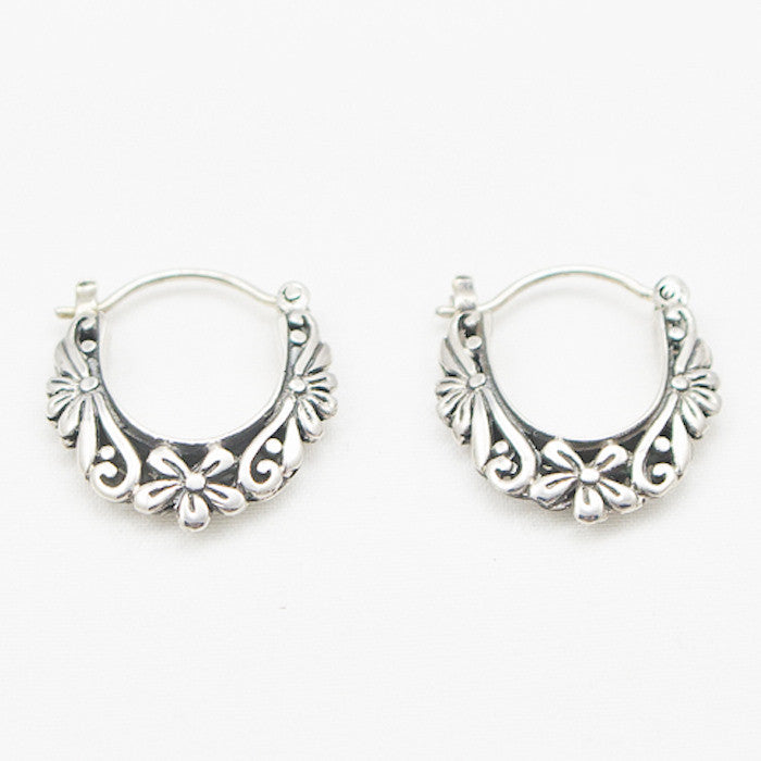 Sterling Silver Sideways Hoop with Floral Design Earrings