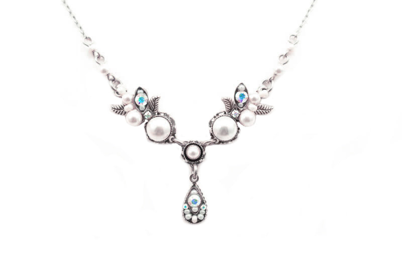 White Pearls Flora V Petite with Drop Necklace by Firefly Jewelry