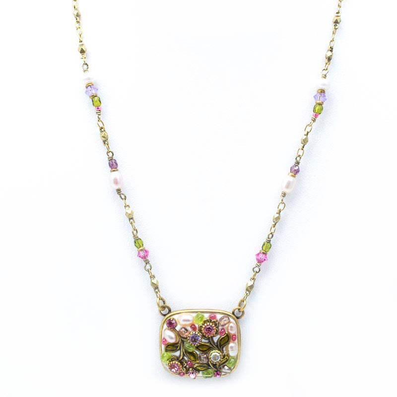 White Flower Square Pendant Beaded Chain Necklace by Michal Golan