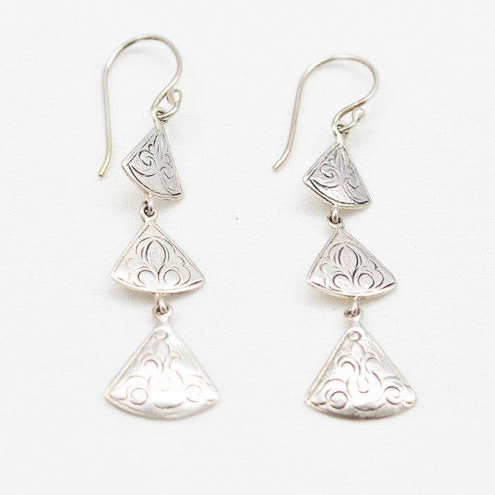 Sterling Silver Lotus Etched Triple Triangle Dangle Earrings
