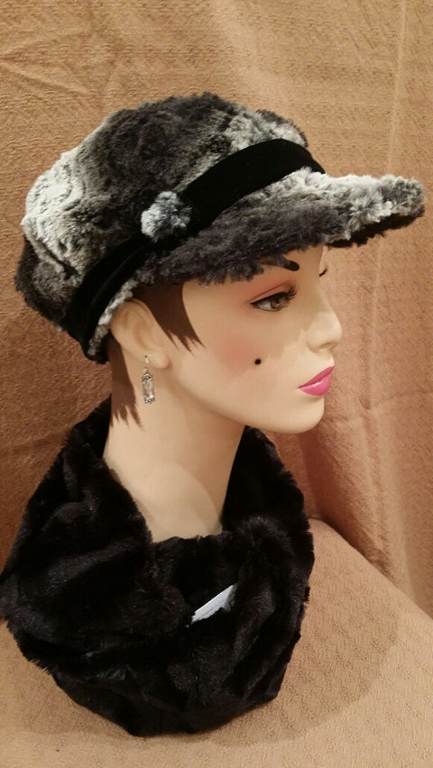 Black Chinchilla Luxury Faux Fur Valerie Hat with Band with Button: Size Large
