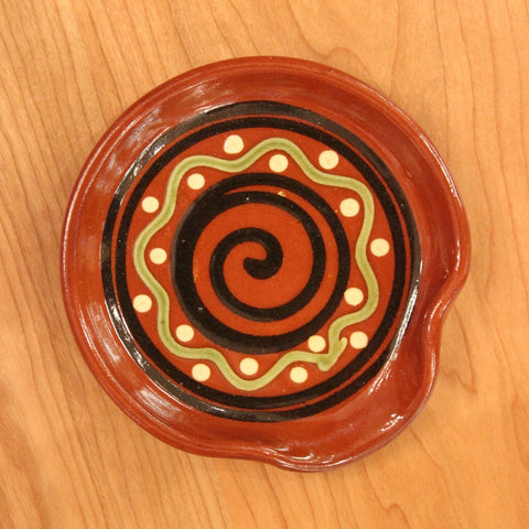 Redware Spoon Rest with Black Swirl and Polka Dots
