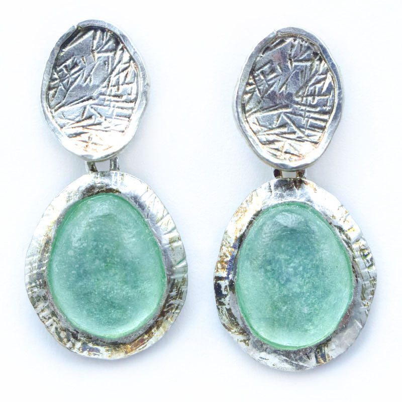 Etched Framed Double Drop Oval Post Washed Roman Glass Earrings