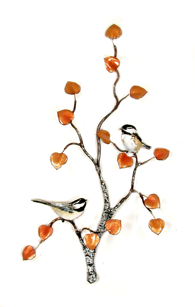 Chickadee Pair with Enameled Aspen Leaves Wall Art by Bovano