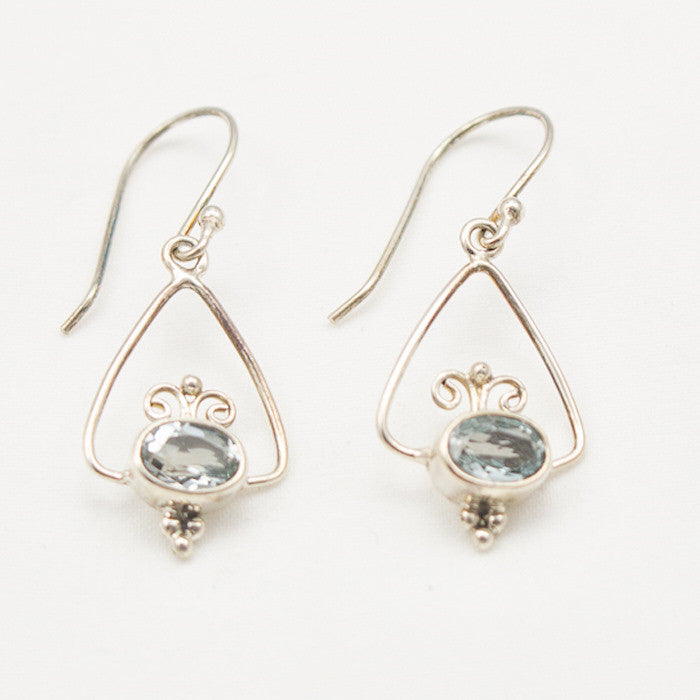 Sterling Silver Dangle with Oval Faceted Blue Topaz Earrings