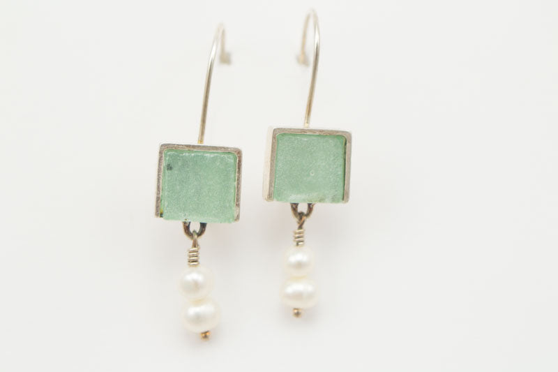 Square Pearl Drop Washed Roman Glass Earrings