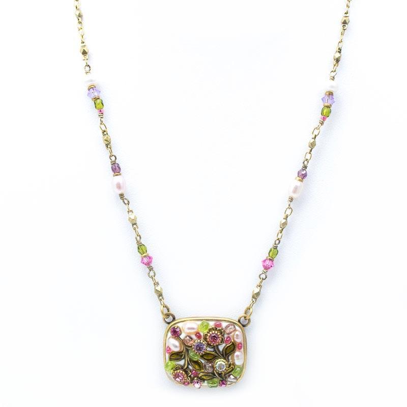 White Flower Square Pendant Beaded Chain Necklace