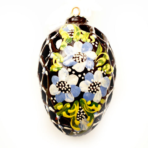 Blue Basket with Flowers Egg Shaped Ceramic Ornament
