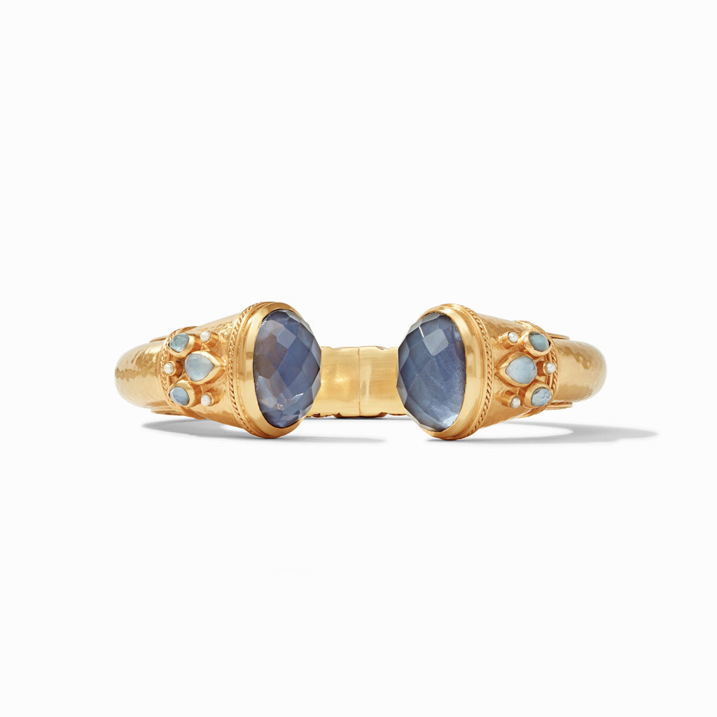 Savannah Hinge Cuff Gold Iridescent Slate Blue Endcaps &amp; Pearl Accents by Julie Vos