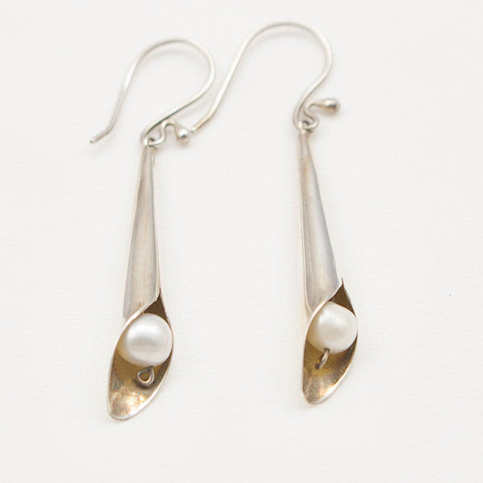 Sterling Silver Trumpet Flower with Pearl Dangle Earrings