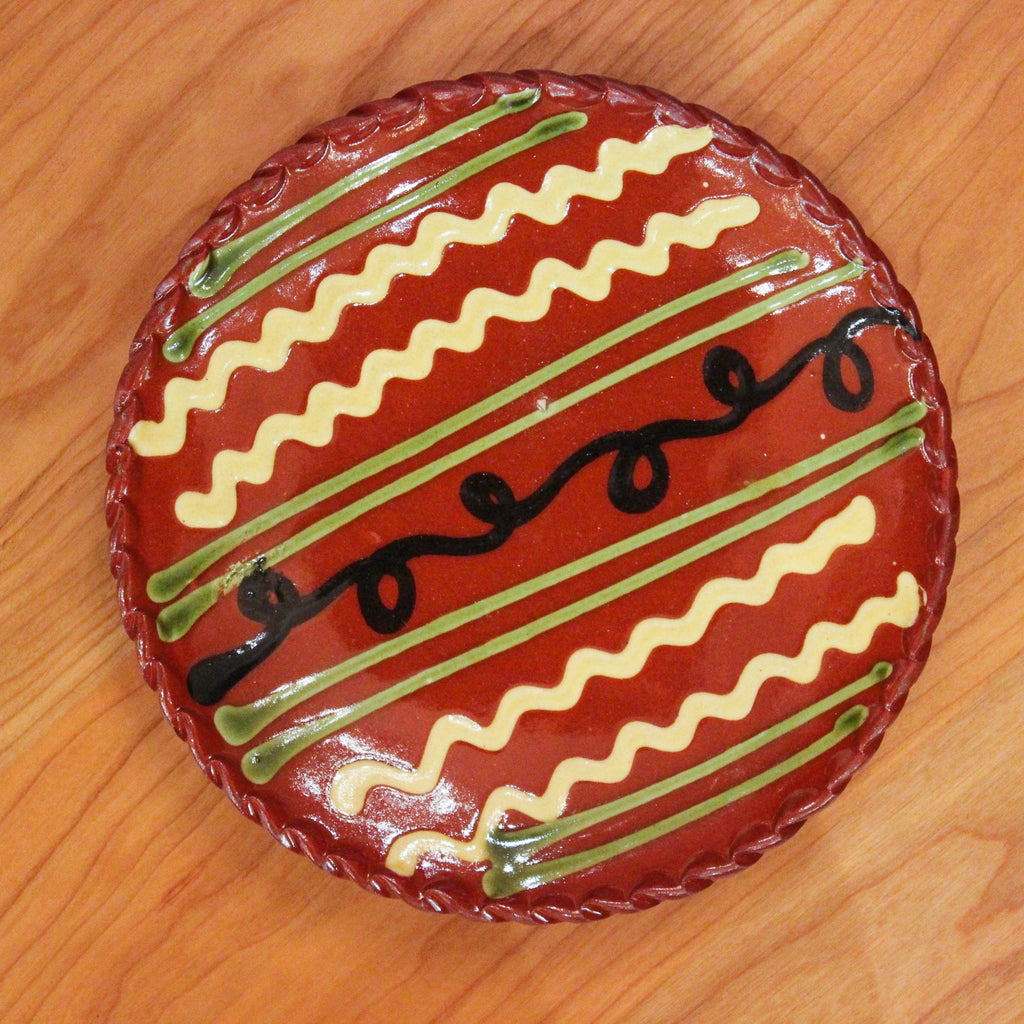 Redware 7'' Plate with Black Swirl Line and Green Lines