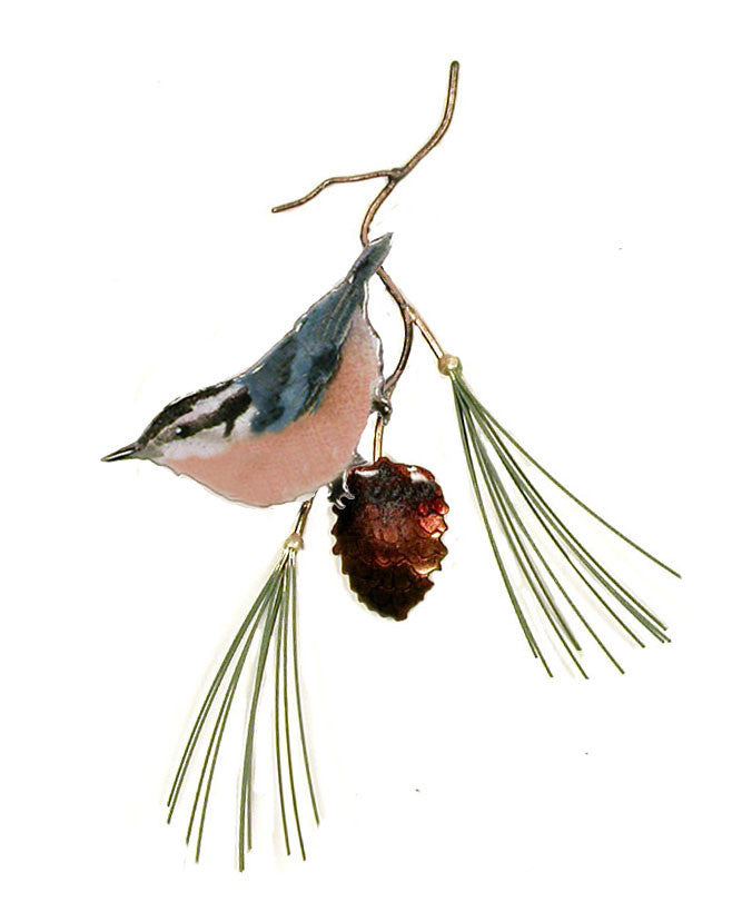Red Breasted Nuthatch on Pine With Pine Cone Wall Art by Bovano Cheshire