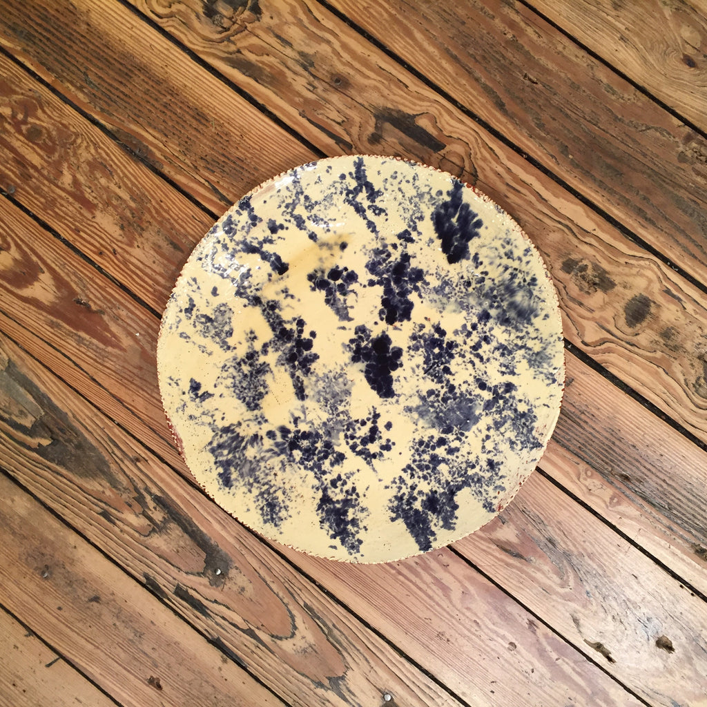 Blue Spatter Design on Cream Redware Pottery Plate