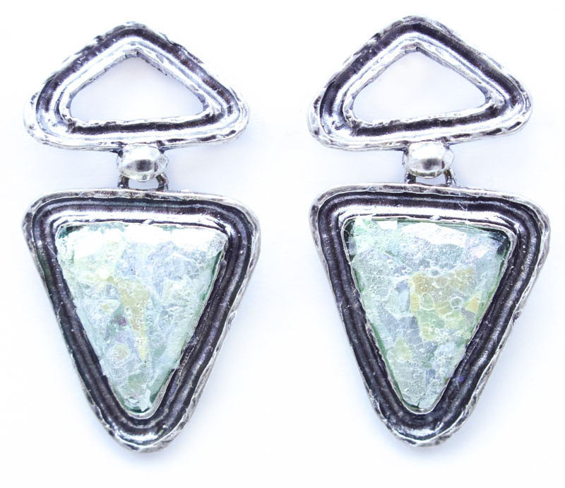 Channel Framed Double Triangle Post Patina Roman Glass Earrings