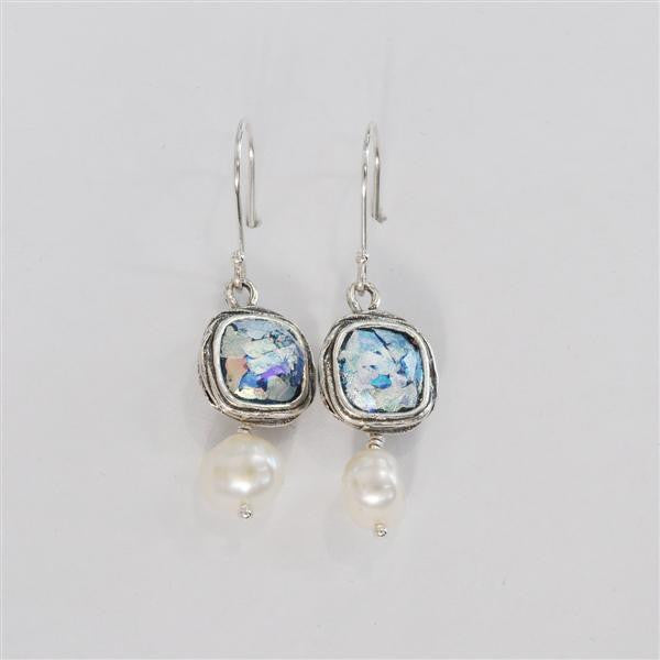 Square Patina Roman Glass Earrings with Freshwater Pearls