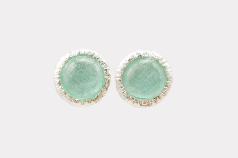 Etched Framed Round Washed Roman Glass Post Earrings