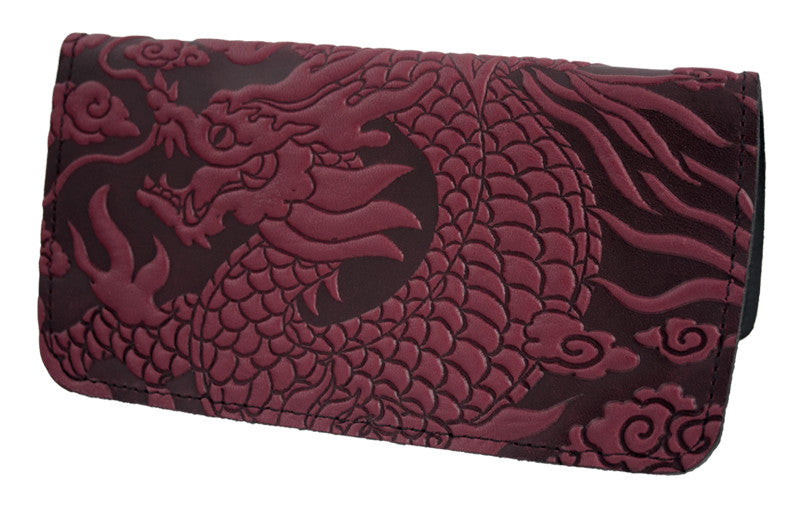 Leather Checkbook Cover - Cloud Dragon in Wine