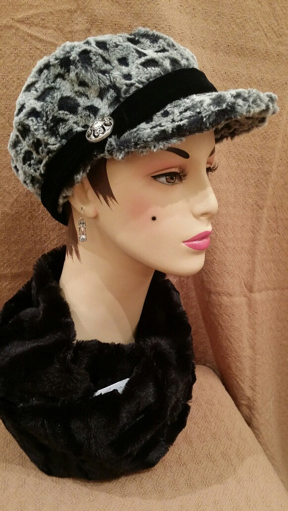 Snow Owl Luxury Faux Fur Valerie Hat with Band with Button: Size Large