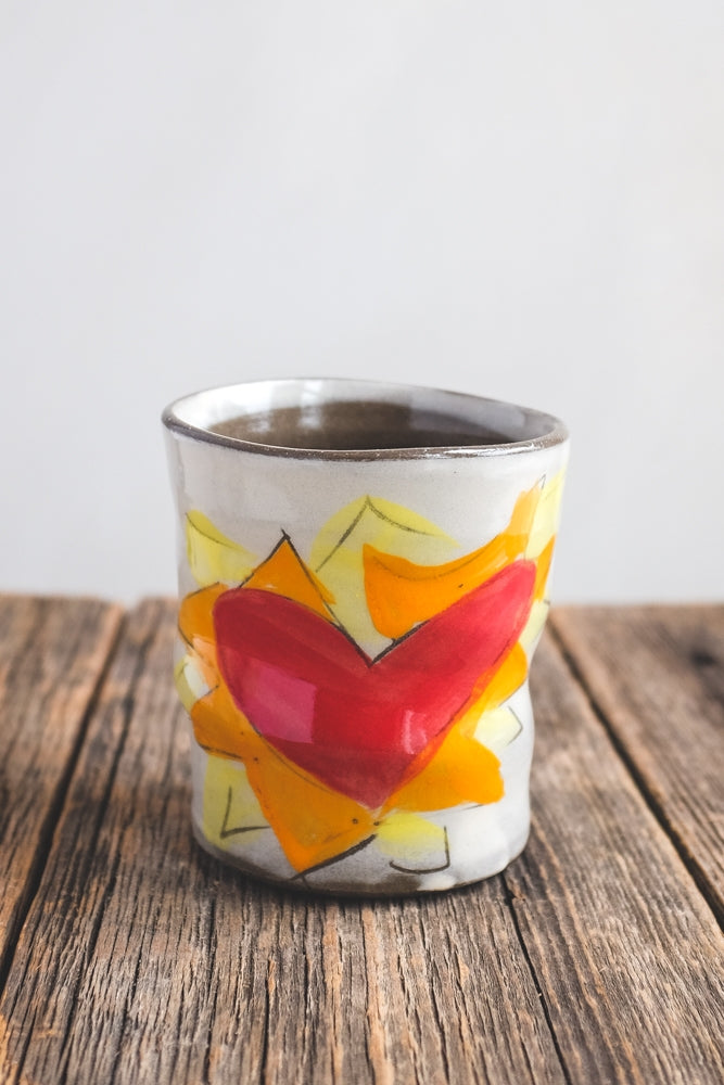 Flaming Heart in Orange Cup Hand Painted Ceramic