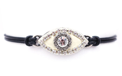 Silver and White Crystal Large Eye Leather Bracelet by Michal Golan