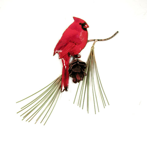 Male Cardinal on Pine Needles with Pine Cone Wall Art by Bovano Cheshire