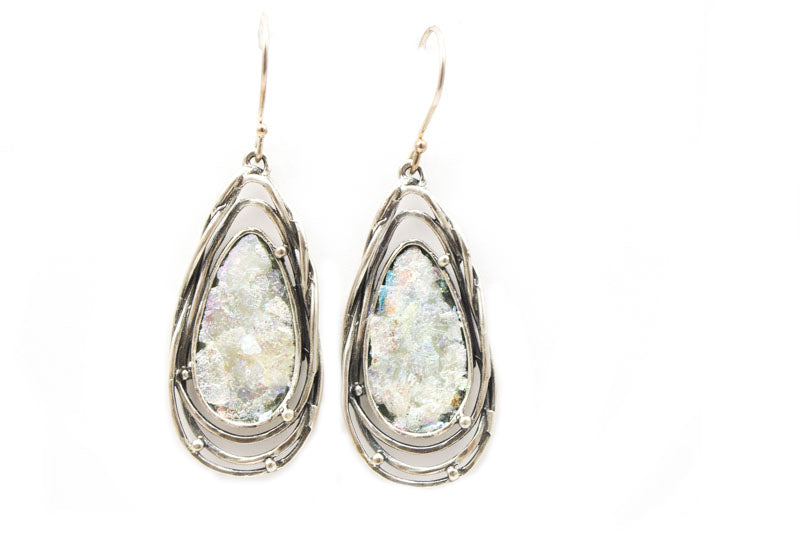 Large Orbit Teardrop Roman Glass Earrings