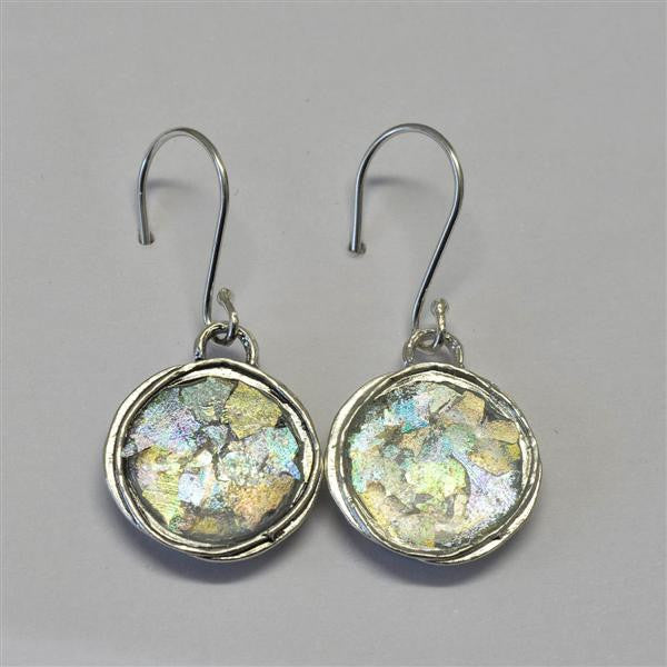 Delicate Framed Round Patina Roman Glass Earrings