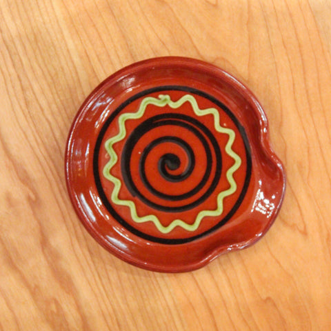 Redware Spoon Rest with Black Swirl and Green