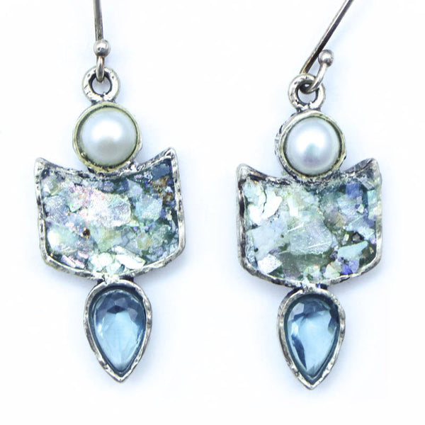 Pearl Topaz Teardrop Roman Glass Earrings