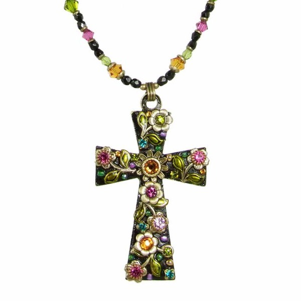 Multi Flower Large Cross Beaded Necklace by Michal Golan
