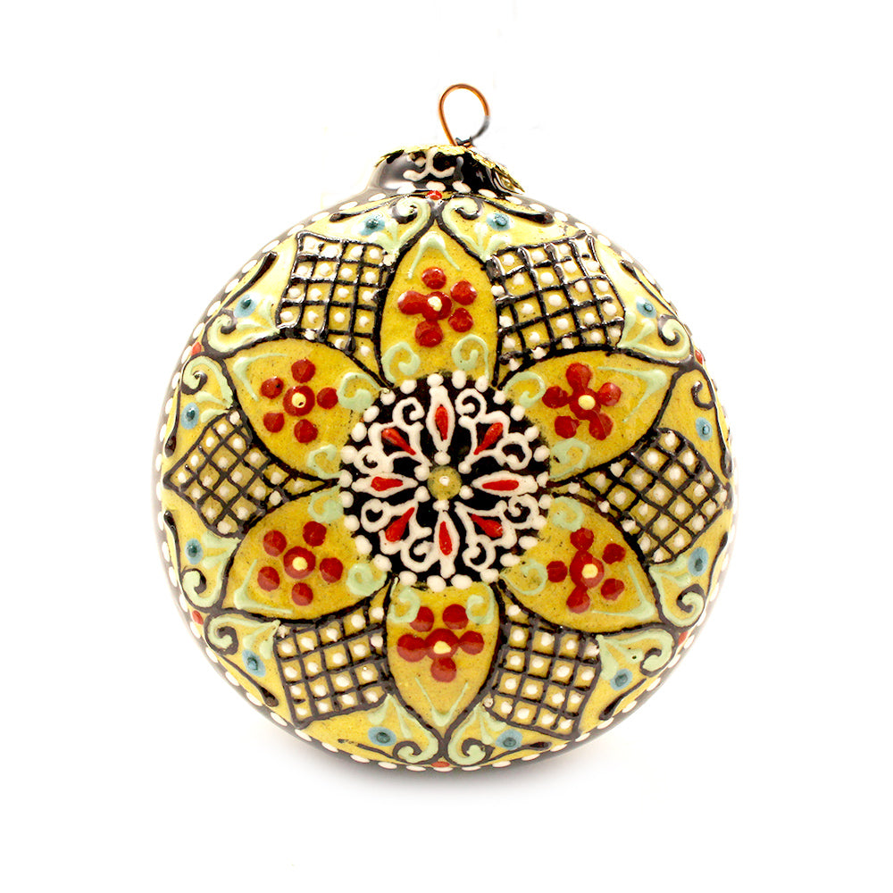 Yellow Background Neon Geometric Pattern on Round Ceramic Ornament