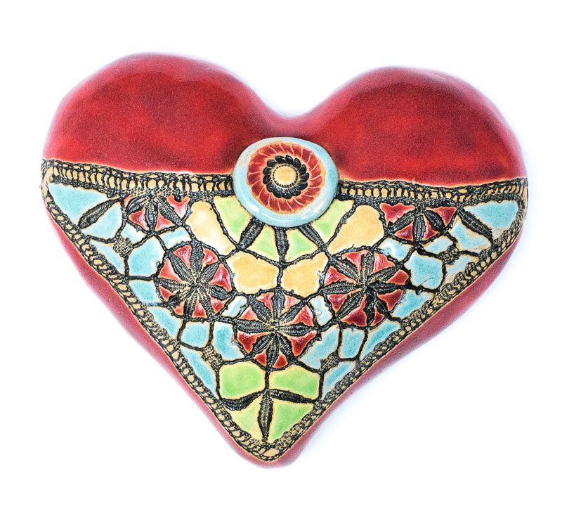 Blanket Stitch & Button Red Little Fatty Heart Cermaic Wall Art