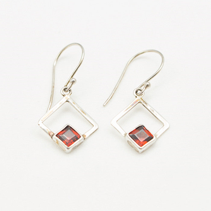 Sterling Silver Square Dangle with Faceted Square Garnet Earrings