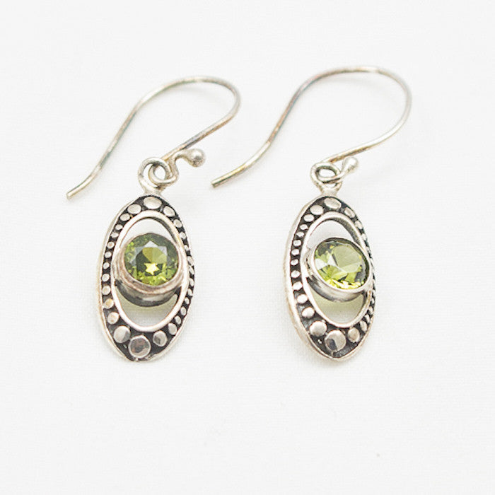 Sterling Silver Oval Silver Cosmos Dangle with Peridot Earrings
