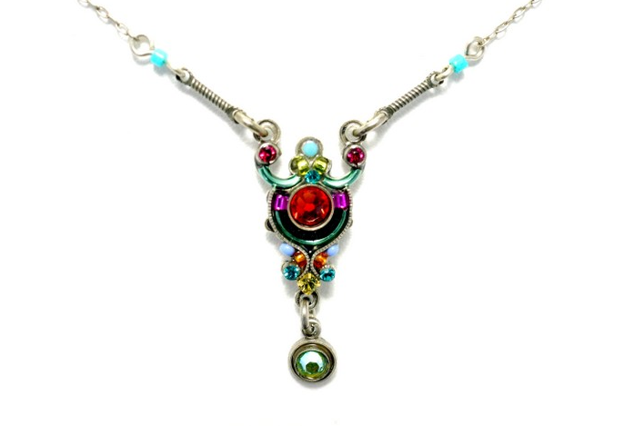Multi Color Delicate Mosaic Roulette with Dangle Necklace by Firefly Jewelry