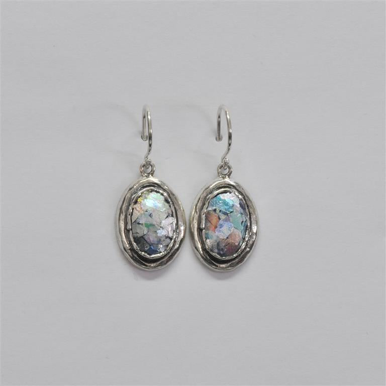 Shiny Silver Small Oval Roman Glass Earrings