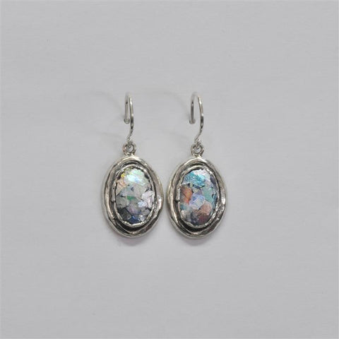 Shiny Silver Small Oval Roman Glass Earrings