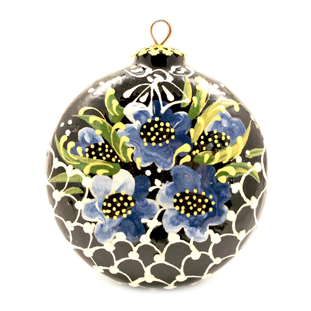 Blue Flowers In Basket: Small Round Ceramic Ornament