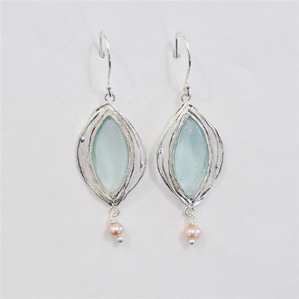 Marquise Washed Roman Glass Earrings with Freshwater Pearls