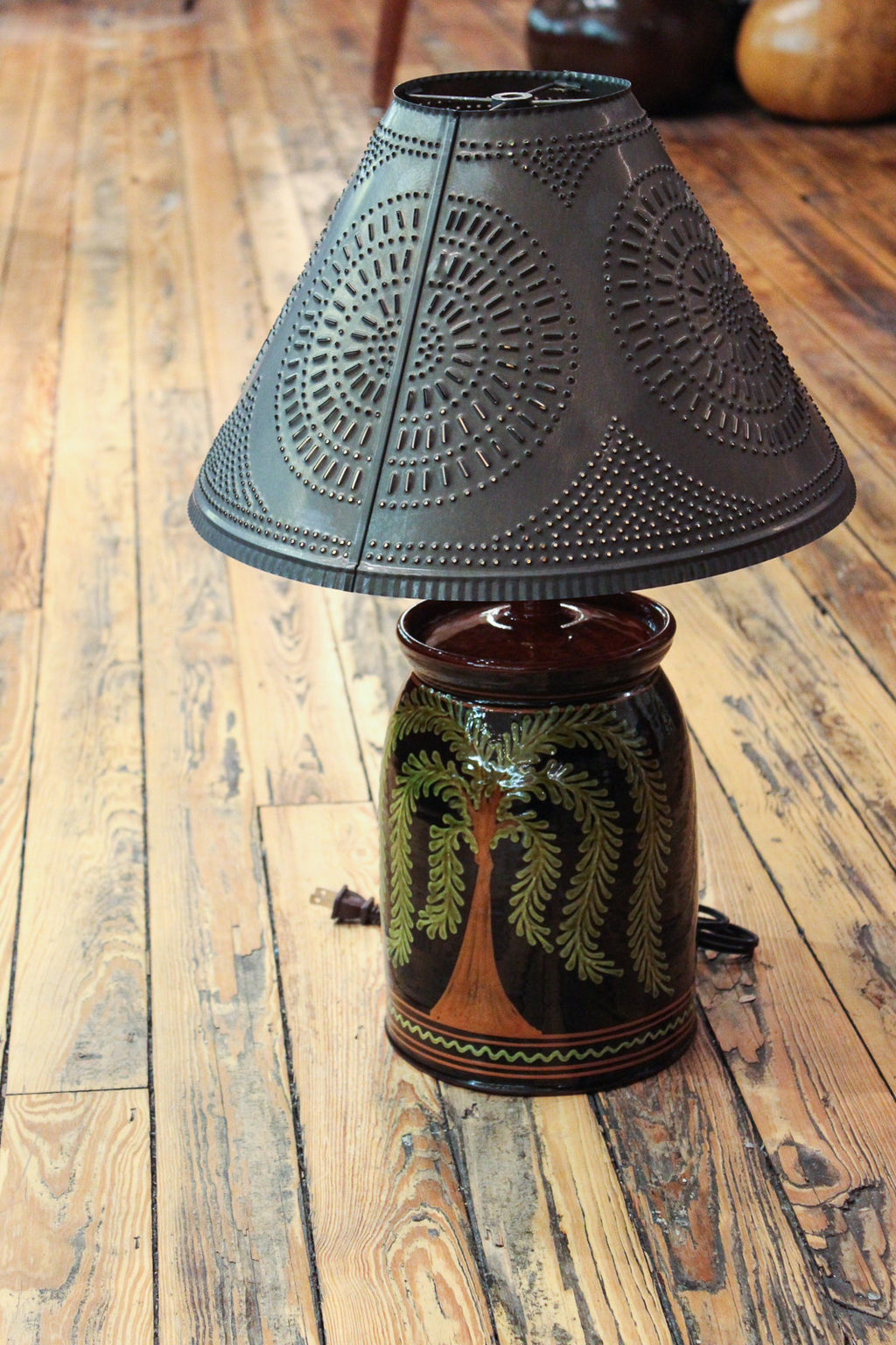 Redware Large Lamp in Black with Tree of Life