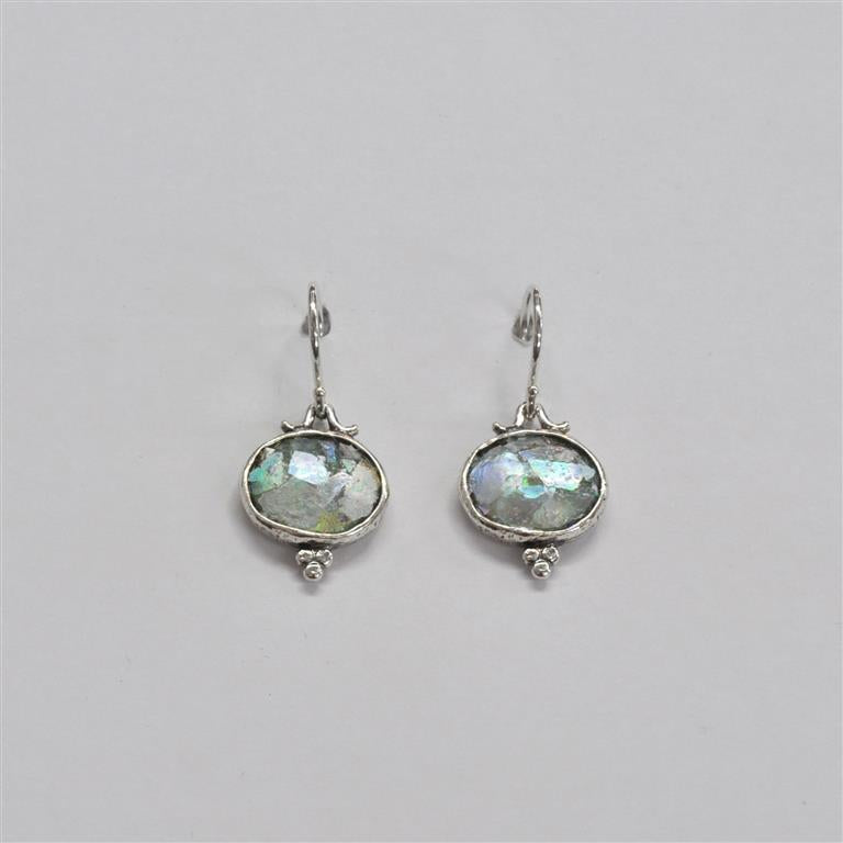 Shiny Silver Thick Border with Glass Beads Roman Glass Earrings