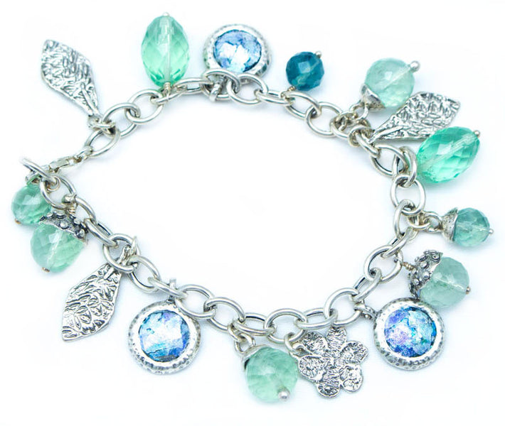 Botanical Flat Framed Multi Bead Patina Roman Glass Bracelet