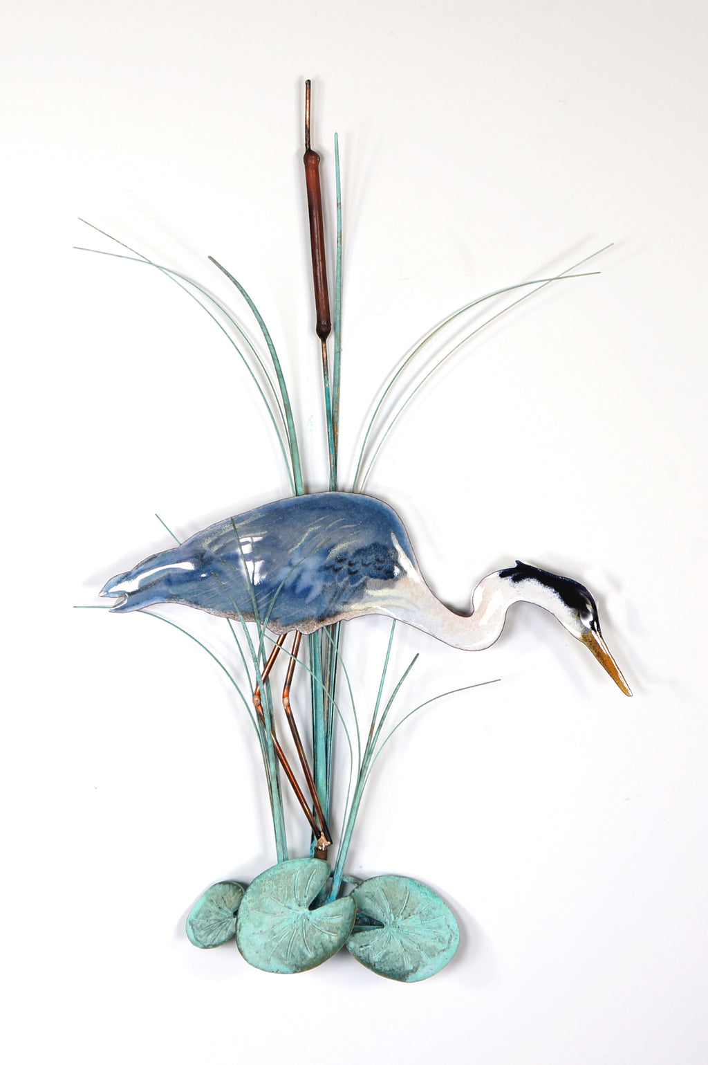 Heron Fishing with Patina Leaves Wall Art by Bovano